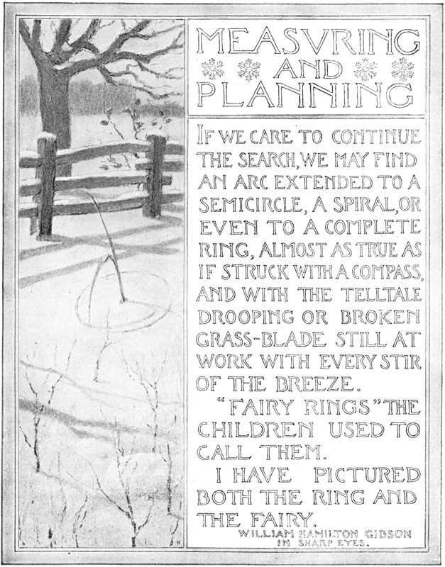 Measvring and Planning. If We Care to Continue the Search, We May Find an Arc Extended to a Semicircle, a Spiral, or Even to a Complete Ring, Almost As
True As if Struck With a Compass, and With the Telltale Drooping or
Broken Grass-Blade Still at Work With Every Stir of the Breeze. 'Fairy Rings' the Children Used to Call Them. I Have Pictured Both the Ring and the Fairy. William Hamilton Gibson in Sharp Eyes.